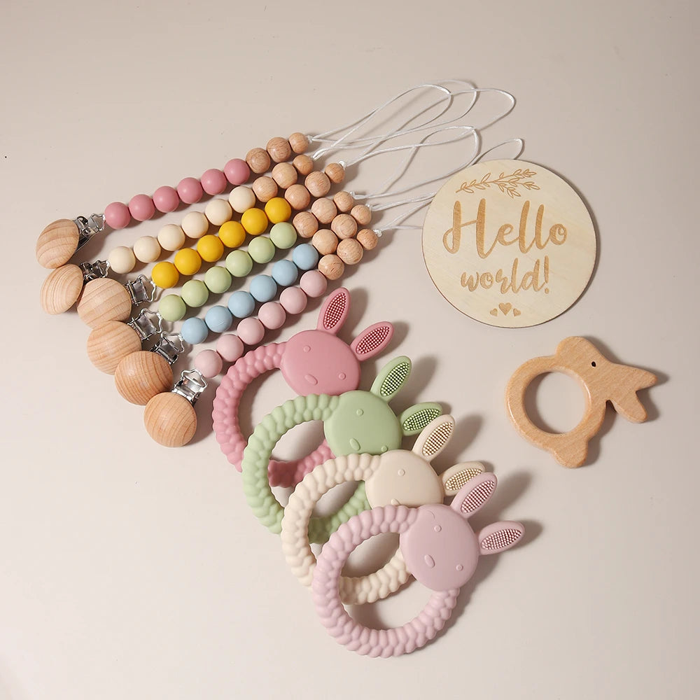 New Born Baby Gift Set Silicone Bunny Teether Wooden Bunny Rattle Photography Props