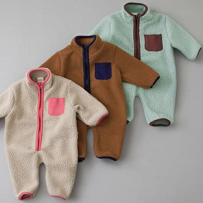 Winter Baby Romper Infant Warm Lamb Fleece Patchwork Jumpsuit Toddler Outwear