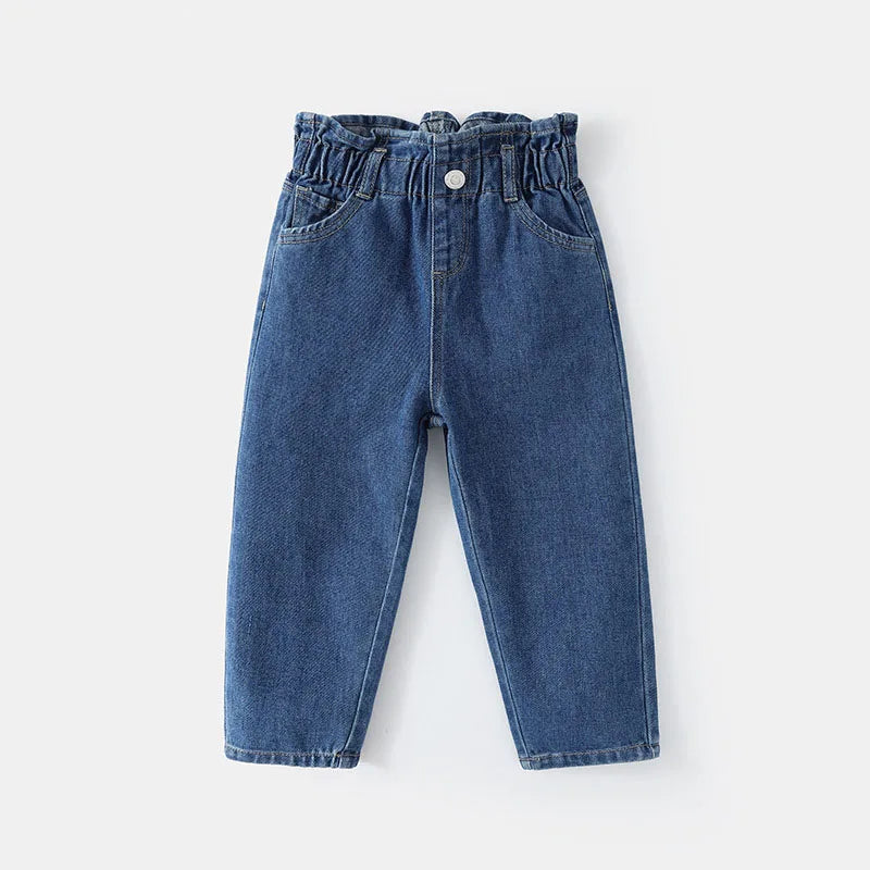 New Spring Kids Jeans Girls Cute Solid Color Denim Blue Pants Children Loose Trousers