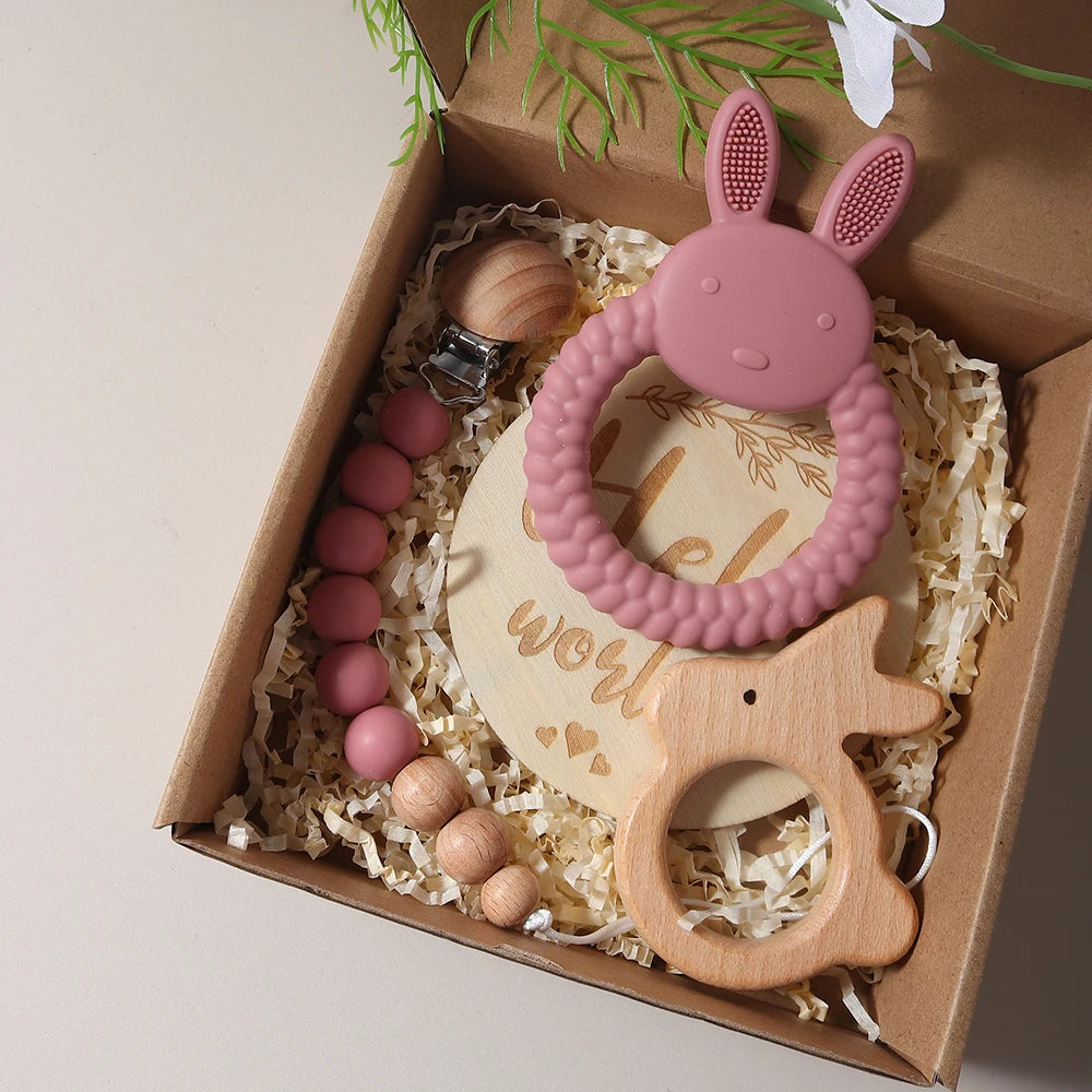 New Born Baby Gift Set Silicone Bunny Teether Wooden Bunny Rattle Photography Props