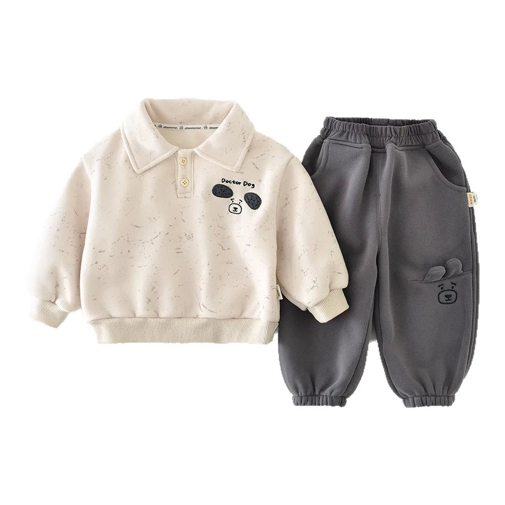 New Winter Baby Clothes Set 6M-3T Thicken Toddler Boys Cartoon Dog Suit Simple Loose Infant Fleece Padded Outfit 2PCS