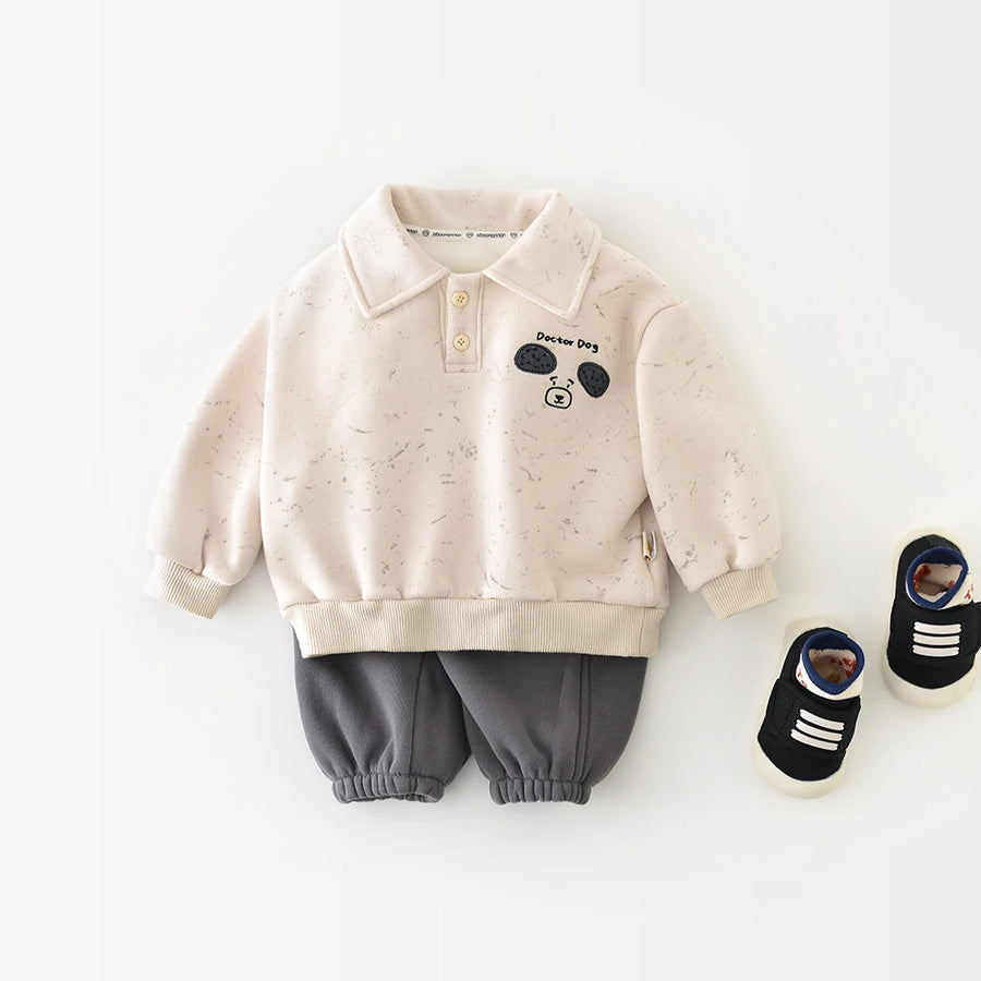 New Winter Baby Clothes Set 6M-3T Thicken Toddler Boys Cartoon Dog Suit Simple Loose Infant Fleece Padded Outfit 2PCS