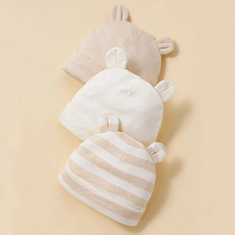 3 Pieces Unisex Baby Hats Apricot 100% Cotton Soft Comfortable Fashionable and Minimalist 0-12 Month