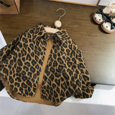Girls' Leopard Print Retro Shirt Jacket Autumn Style American Children'S Loose Cardigan Shirt Baby Casual Pants