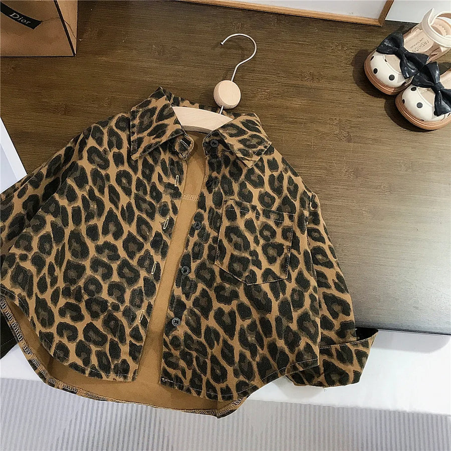 Girls' Leopard Print Retro Shirt Jacket Autumn Style American Children'S Loose Cardigan Shirt Baby Casual Pants
