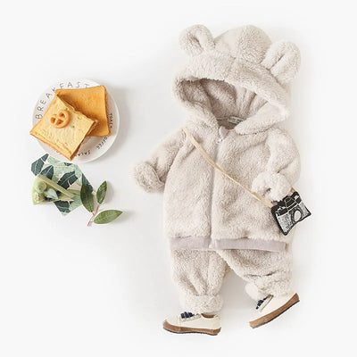New Winter Kids Clothes Set 9M-5T Cute Bear Thicken Girls Hoodie+ Sweatpants Solid Color Children Outfit 2PCS