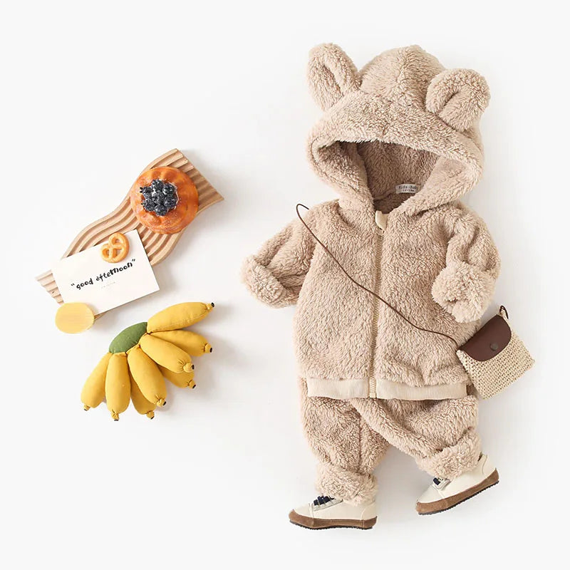 New Winter Kids Clothes Set 9M-5T Cute Bear Thicken Girls Hoodie+ Sweatpants Solid Color Children Outfit 2PCS