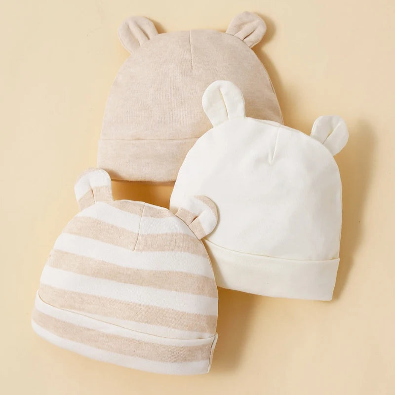 3 Pieces Unisex Baby Hats Apricot 100% Cotton Soft Comfortable Fashionable and Minimalist 0-12 Month