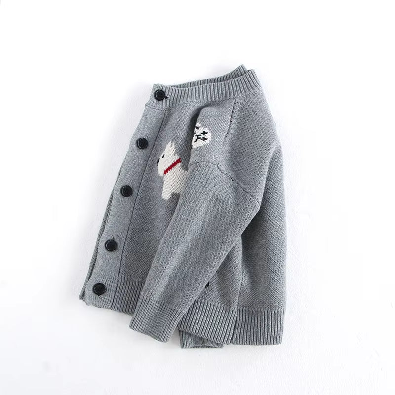 Spring Children'S Sweater Jacket 1-8 Y Jacquard Cute Dog Boys Single Breasted Buckle Cardigan Top Girls Knitted Sweater