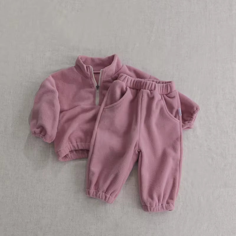 New Autumn Baby Sports Suit Toddler Fleece Solid Color Hoodies Suit Infant Outfit 2PCS