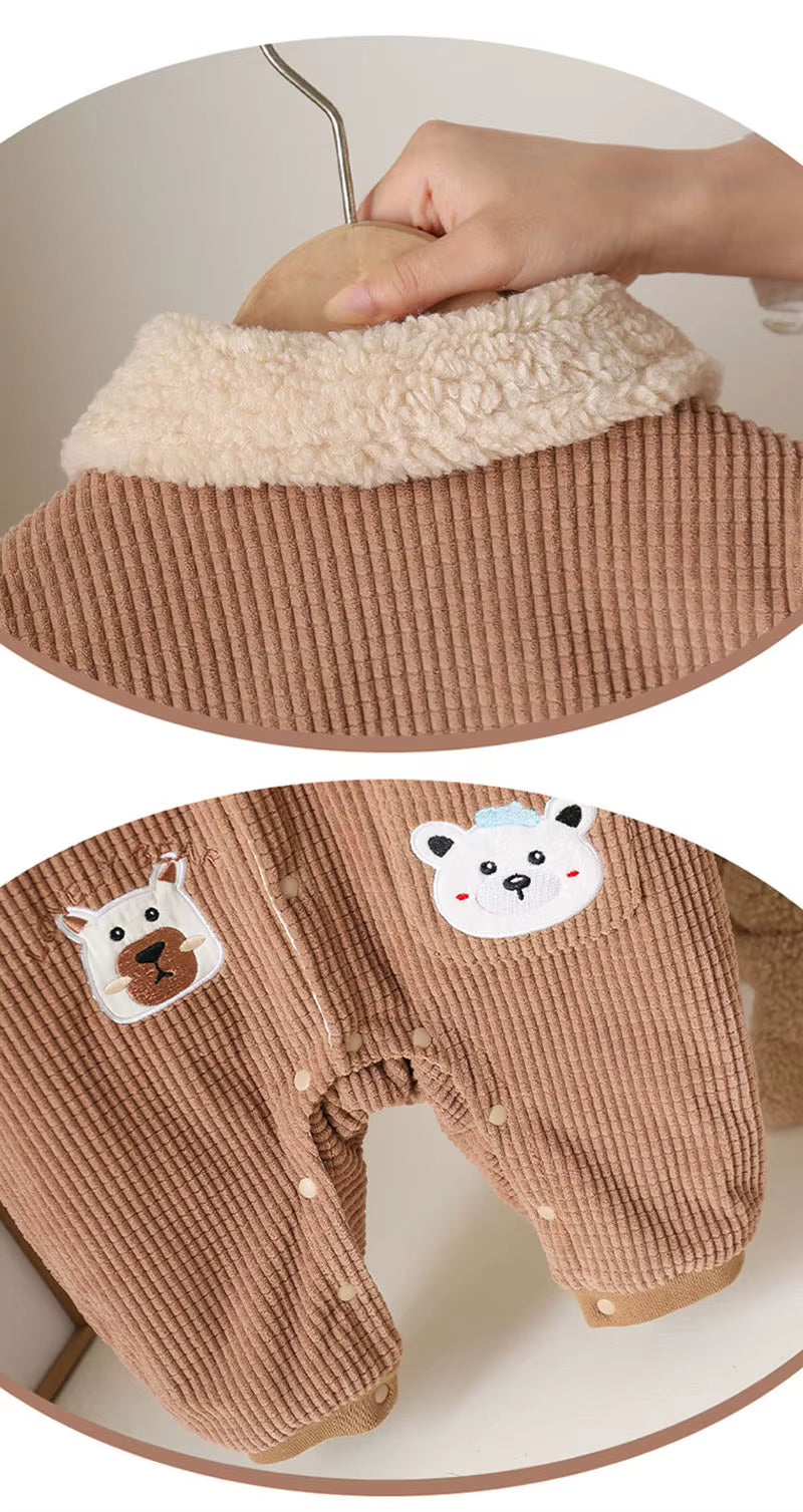 New Winter Baby Rompers 0-15M Cartoon Bear Thicken Infant Girls Jumpsuit Korean Loose Toddler Fleece Padded Clothes