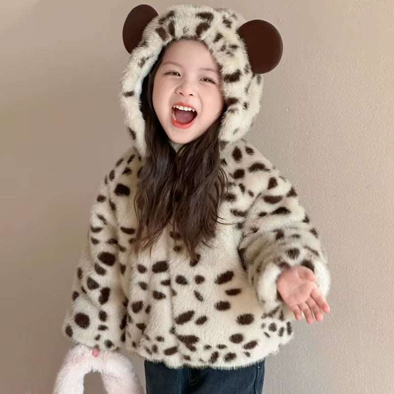 Korean Popular Girl'S Leopard Print Hooded Sweater 2025 New Foreign Trade Winter Imitation Fur Cotton Coat Children'S Clothing