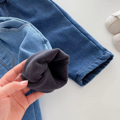 New Winter Kids Jeans 0-5T Girls Cute Solid Color Thicken Denim Blue Pants Children Boys Lose Trousers