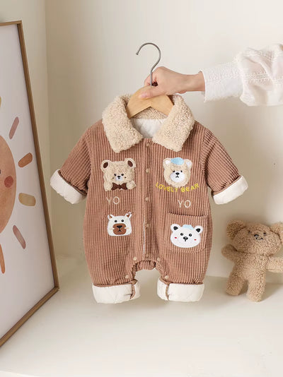 New Winter Baby Rompers 0-15M Cartoon Bear Thicken Infant Girls Jumpsuit Korean Loose Toddler Fleece Padded Clothes