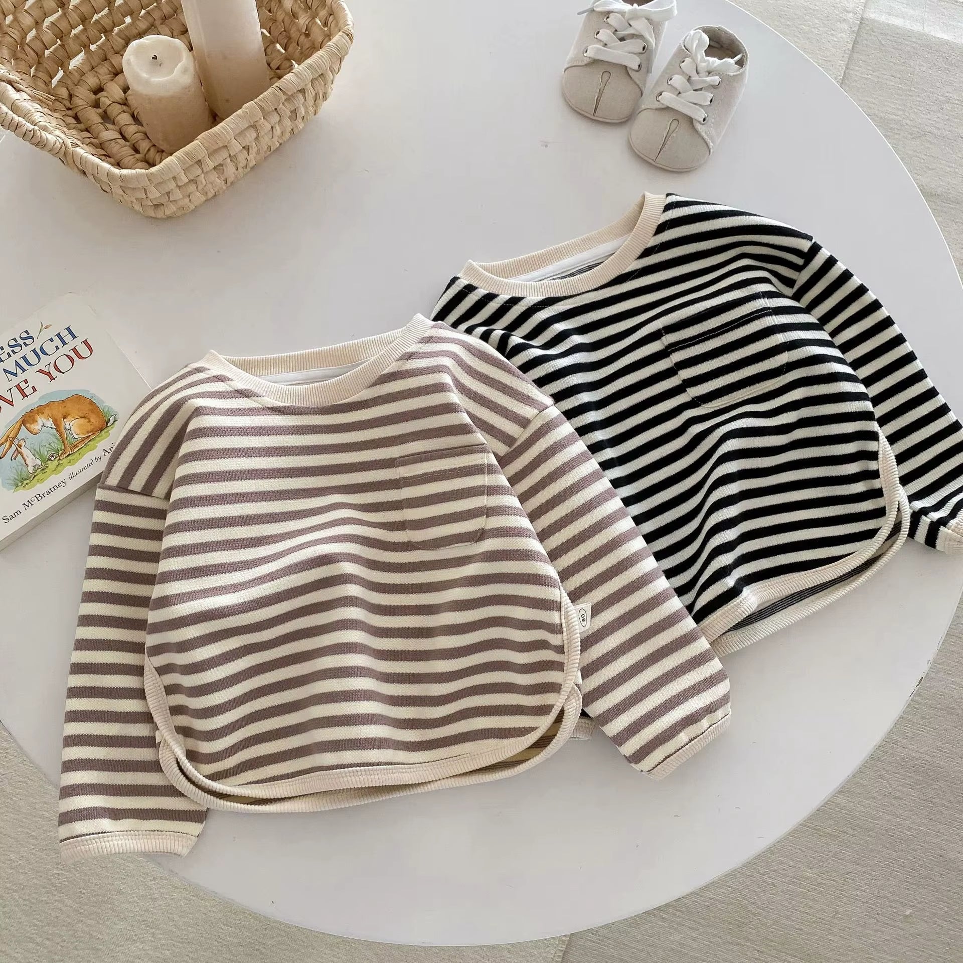 New 2024 Autumn Children'S Hoodies 1-5Y Boys Casual Striped Pullover Girls Loose O-Neck Sweatshirt Base Top