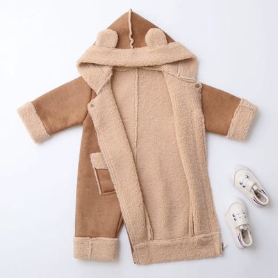 0-2Y Winter Baby Boys Clothes Fur Hoodie Girls Jumpsuits Fleece Lining Baby Rompers Windy Break Infant Outfit