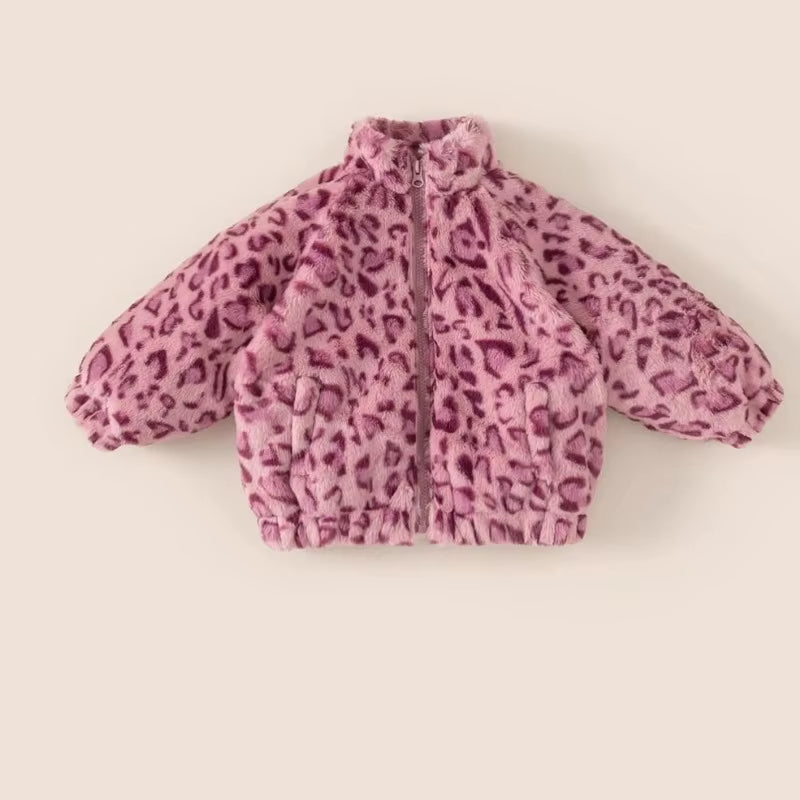 New Children'S Sweater Jacket, Girls' Winter Stylish Leopard Print Top, Baby with Plush and Thickened