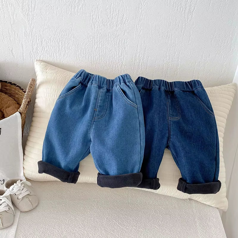 New Winter Kids Jeans 0-5T Girls Cute Solid Color Thicken Denim Blue Pants Children Boys Lose Trousers