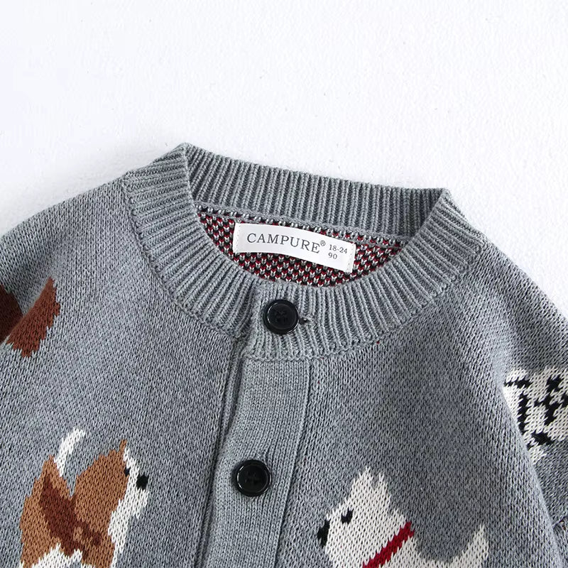 Spring Children'S Sweater Jacket 1-8 Y Jacquard Cute Dog Boys Single Breasted Buckle Cardigan Top Girls Knitted Sweater