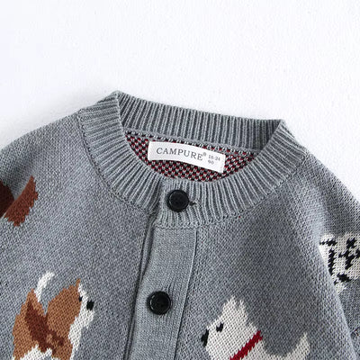 Spring Children'S Sweater Jacket 1-8 Y Jacquard Cute Dog Boys Single Breasted Buckle Cardigan Top Girls Knitted Sweater