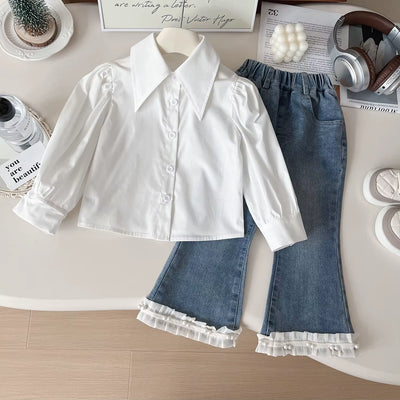 Childrens Clothing Set 2024 New Girls Autumn Clothing Knitted Vest White Shirt Jeans Three Piece Set