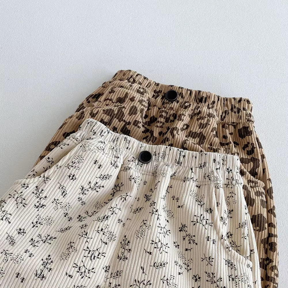 1-5Y Kids Trousers Warm Fur Lining Girls Pants Leopard Print Boys Trousers Fashion Full Length Pants