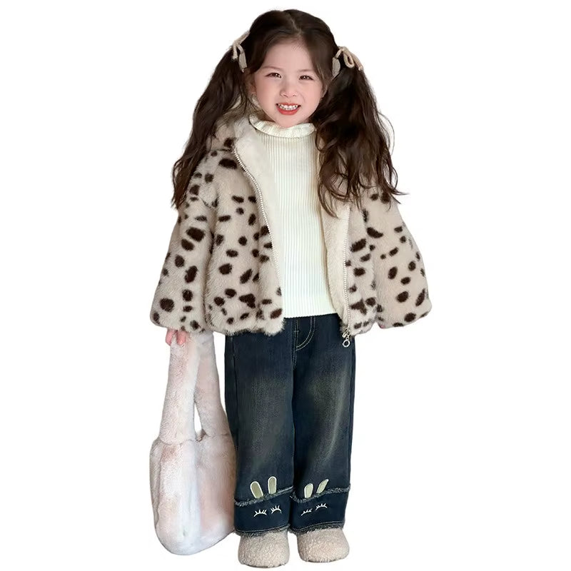 Korean Popular Girl'S Leopard Print Hooded Sweater 2025 New Foreign Trade Winter Imitation Fur Cotton Coat Children'S Clothing