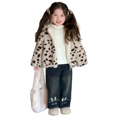 Korean Popular Girl'S Leopard Print Hooded Sweater 2025 New Foreign Trade Winter Imitation Fur Cotton Coat Children'S Clothing
