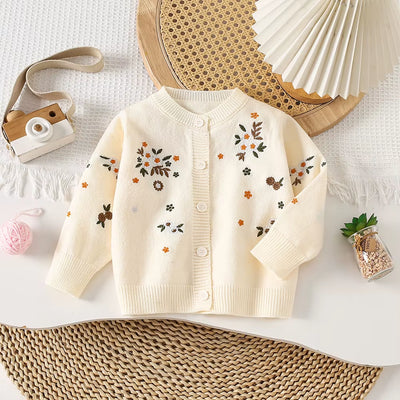 Autumn Children Girls Sweater Loose Solid Single Breasted Infant Babys Girls Knitwear Floral Embroidery Toddler Girls Cardigan