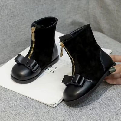 Child Shoe Girl Plush Short Boot Bow Princess Shoe Soft Soled Cotton Boot New Fashionable Mary Jane Shoe Girls' Mid Length Boots