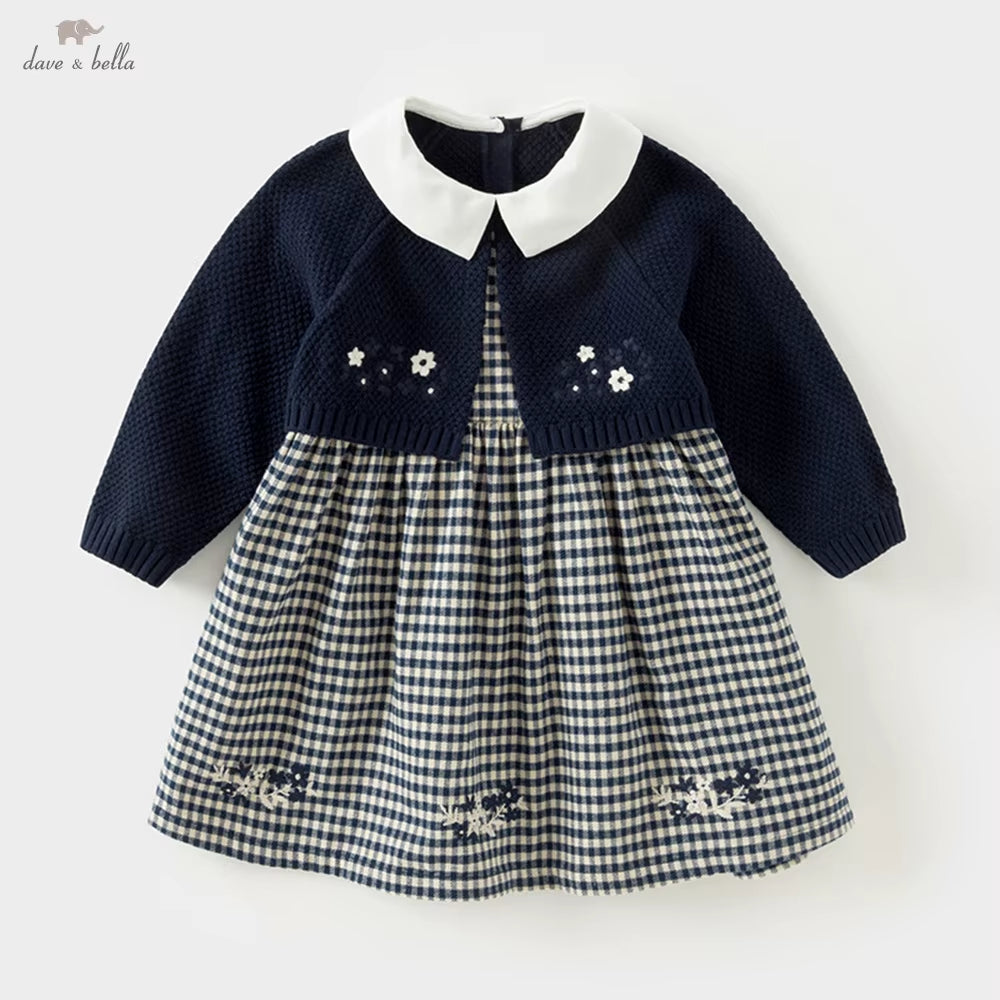 Dave Bella Girls' Sweater Dress Gentle Cute Children 'S Plaid Fake Two Piece Baby Long Sleeve Dress Outdoor Party DB3242272