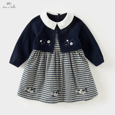 Dave Bella Girls' Sweater Dress Gentle Cute Children 'S Plaid Fake Two Piece Baby Long Sleeve Dress Outdoor Party DB3242272
