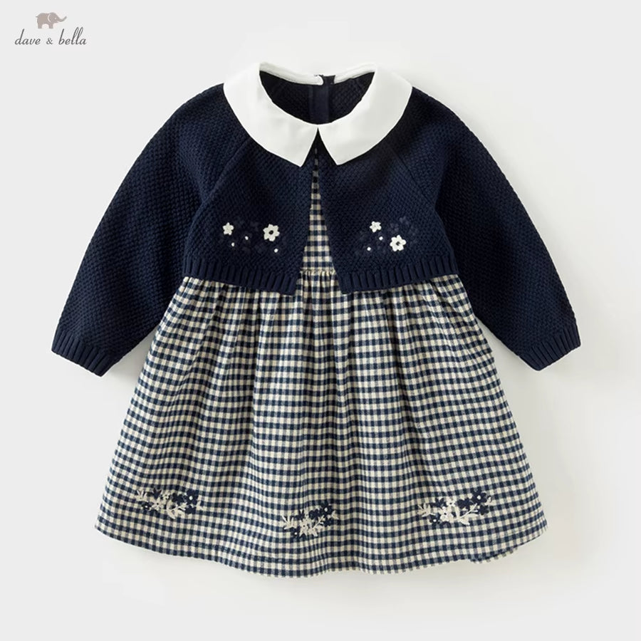 Dave Bella Girls' Sweater Dress Gentle Cute Children 'S Plaid Fake Two Piece Baby Long Sleeve Dress Outdoor Party DB3242272