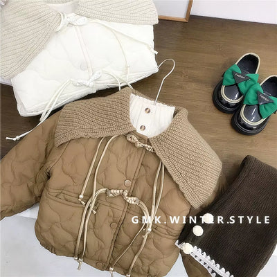 Girls' Flannel Cotton Coat Autumn and Winter Styles, Children'S Retro Buckle Korean Version Yarn Collar Cotton Clothing Trend