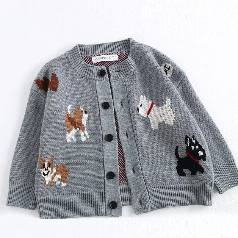 Spring Children'S Sweater Jacket 1-8 Y Jacquard Cute Dog Boys Single Breasted Buckle Cardigan Top Girls Knitted Sweater