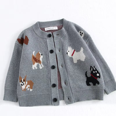 Spring Children'S Sweater Jacket 1-8 Y Jacquard Cute Dog Boys Single Breasted Buckle Cardigan Top Girls Knitted Sweater