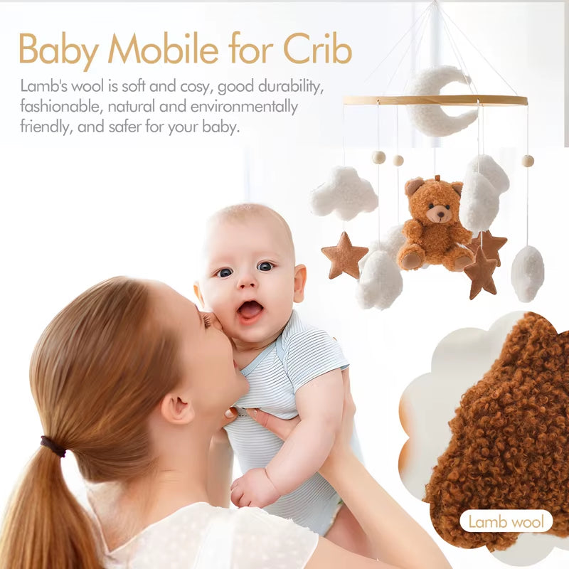 Baby Crib Mobile Rattle Toy Wooden Bed Bell Mobile Hanging Teddy Velvet Bear Doll Toy Newborn Music Box Crib Mobile Bracket Gift