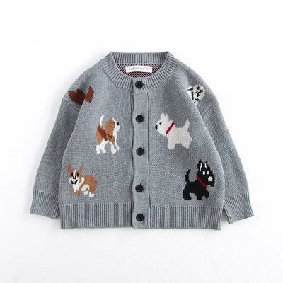 Spring Children'S Sweater Jacket 1-8 Y Jacquard Cute Dog Boys Single Breasted Buckle Cardigan Top Girls Knitted Sweater