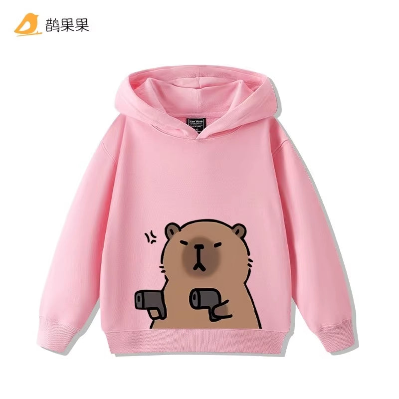 Children'S Cartoon Fun Capybara Print Casual Hooded Sweatshirt Boys Girls Fall and Winter Outdoor Comfortable Warm Hoodie