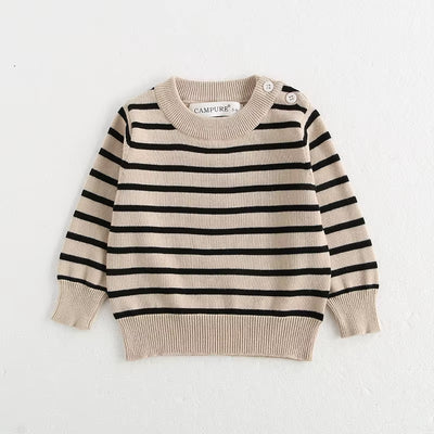 Classic Spring Baby Sweatshirt with Shoulder Buckle 0-3Y Toddler Stripe Knitted Pullover Girls and Boys Loose Base Tops Sweater