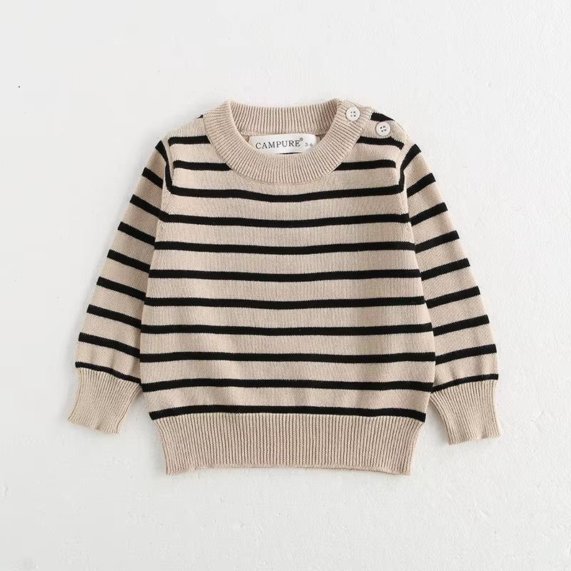 Classic Spring Baby Sweatshirt with Shoulder Buckle 0-3Y Toddler Stripe Knitted Pullover Girls and Boys Loose Base Tops Sweater