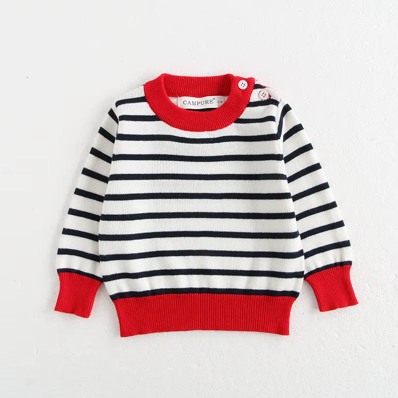 Classic Spring Baby Sweatshirt with Shoulder Buckle 0-3Y Toddler Stripe Knitted Pullover Girls and Boys Loose Base Tops Sweater