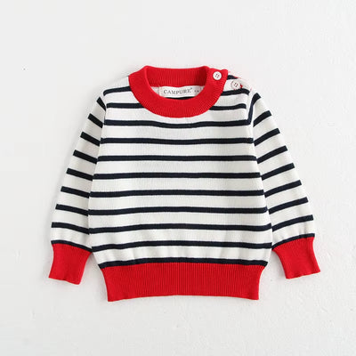 Classic Spring Baby Sweatshirt with Shoulder Buckle 0-3Y Toddler Stripe Knitted Pullover Girls and Boys Loose Base Tops Sweater