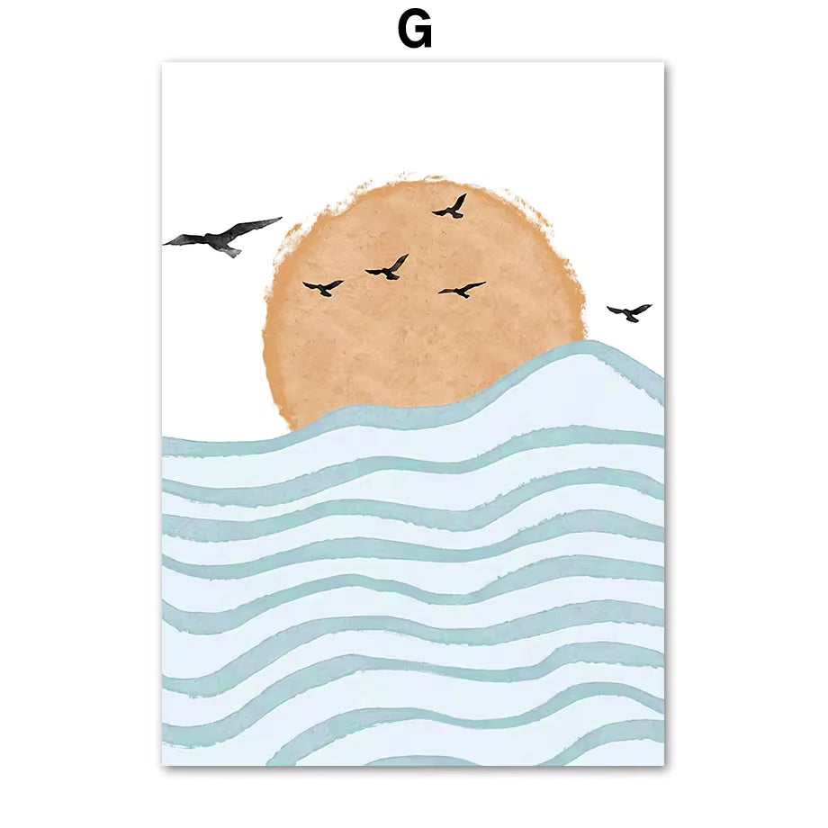 Boho Ocean Sun Rainbow Lotus Tree Abstract Landscape Posters and Prints Wall Art Canvas Painting Pictures for Living Room Decor