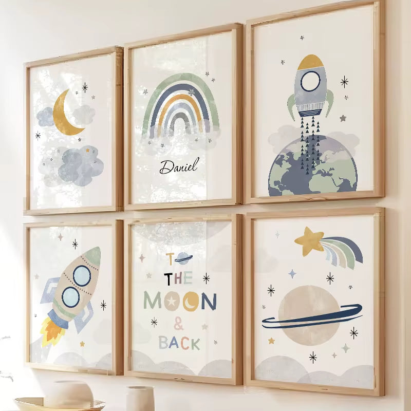 Sun Rainbow Moon Stars Planet Rocket Cartoon Explore Wall Art Canvas Painting Posters and Prints Pictures Baby Kids Room Decor