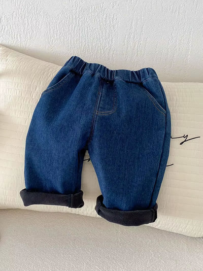 New Winter Kids Jeans 0-5T Girls Cute Solid Color Thicken Denim Blue Pants Children Boys Lose Trousers