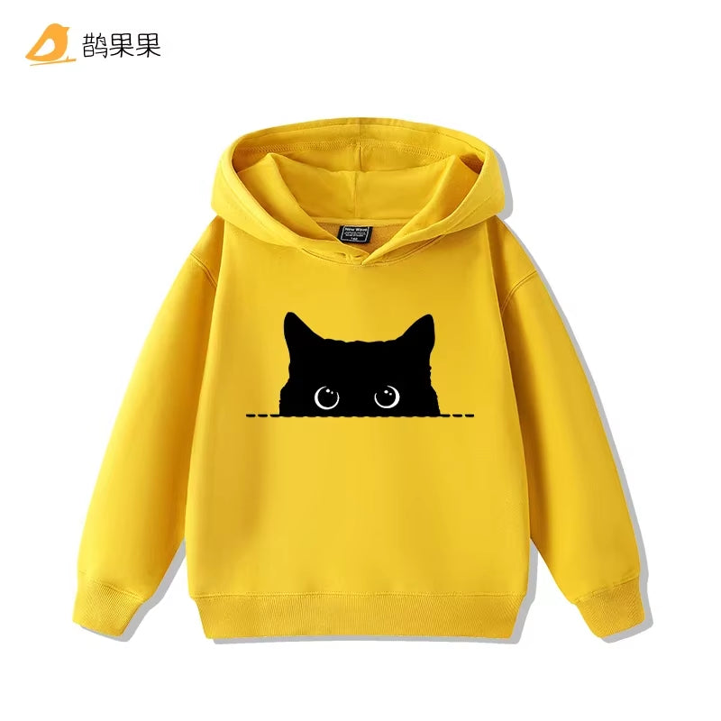 Fashion Simple Cat Print Boys Girls Casual Cute Sweatshirt Children'S Autumn and Winter Comfortable Warm Hooded Sweatshirt