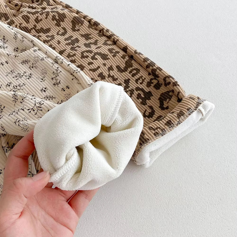 1-5Y Kids Trousers Warm Fur Lining Girls Pants Leopard Print Boys Trousers Fashion Full Length Pants