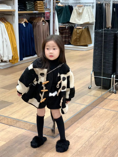 Korean Girls' Winter Clothes Fashion Thick Velvet Checkerboard Pattern Wool Sweater Cow Horn Button Lamb Wool Warm Jacket