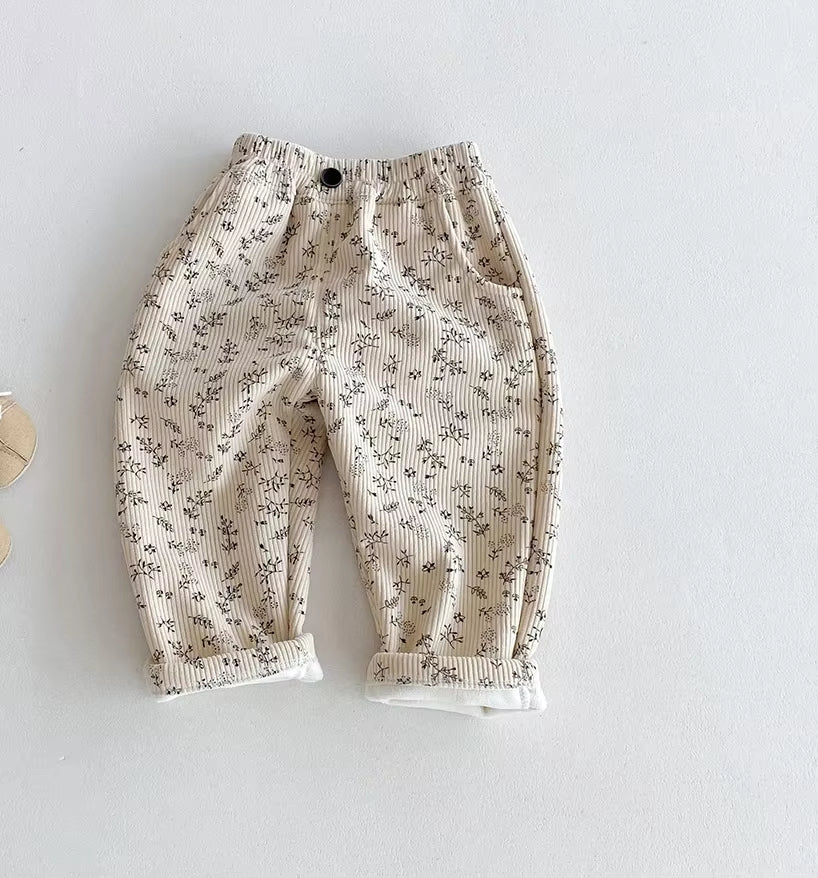 1-5Y Kids Trousers Warm Fur Lining Girls Pants Leopard Print Boys Trousers Fashion Full Length Pants